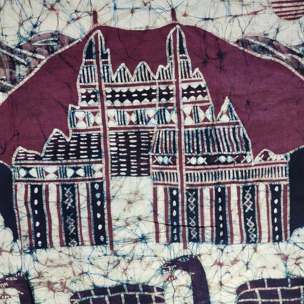 African Batik Dye Art Wall Hanging Camel Caravan Village Scene Tapestry Signed